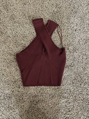 Cross-Front Ribbed Crop Top in Burgundy